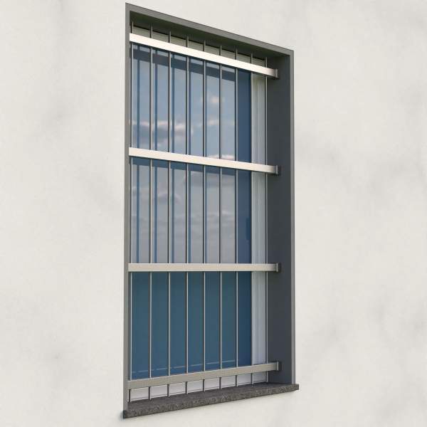 Fenstergitter aus Edelstahl Quadratrohr 40 x 40 mm, Montage in der Laibung / Höhe 1600 - 2300 mm / 4 Gurte